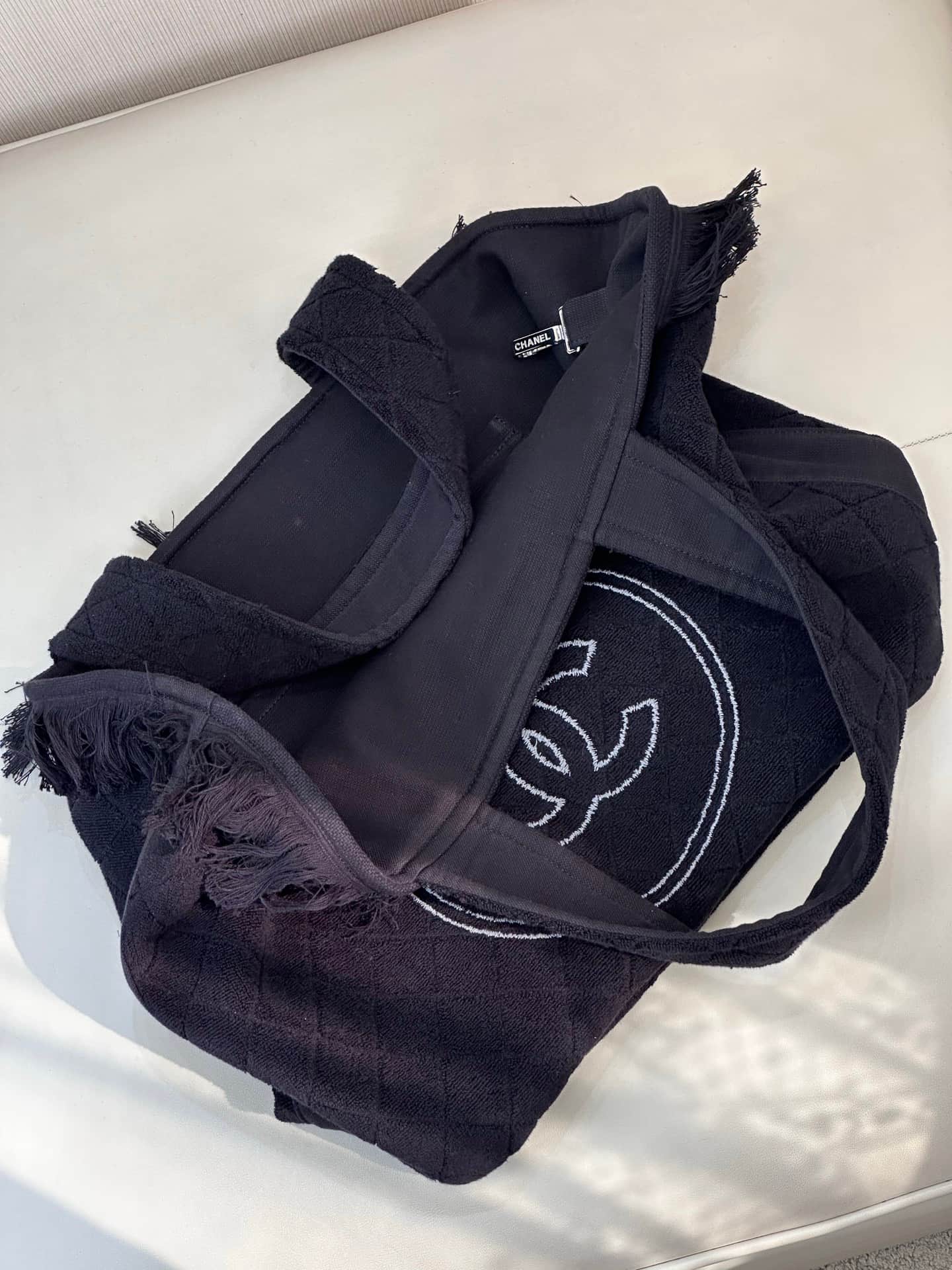 Chanel Beach Hobo Handbag Quilted Black Terry Cloth TOP