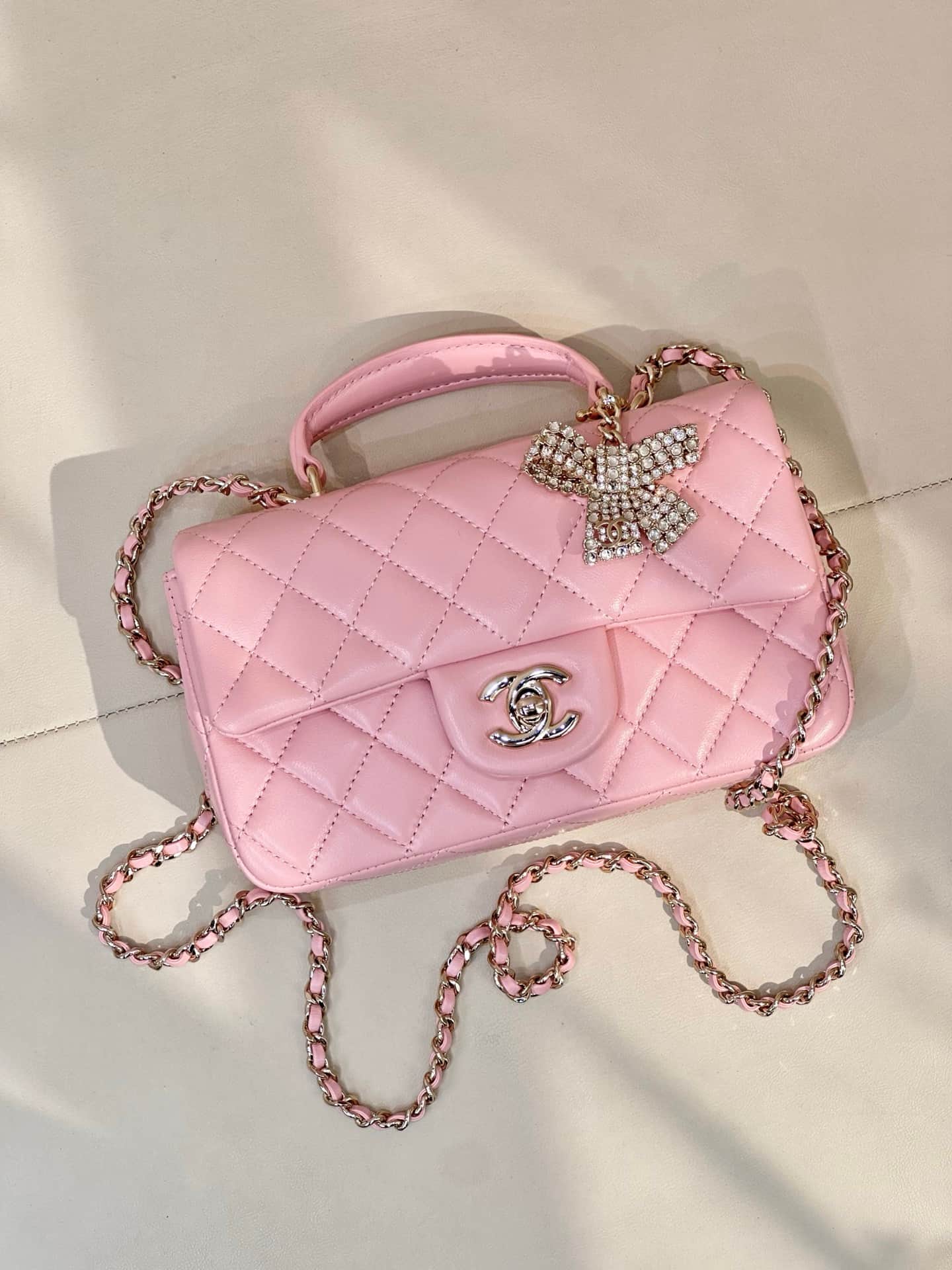 Chanel Mini Classic Handbag Lambskin Strass & Gold-Tone Metal AS2431 pink TOP
