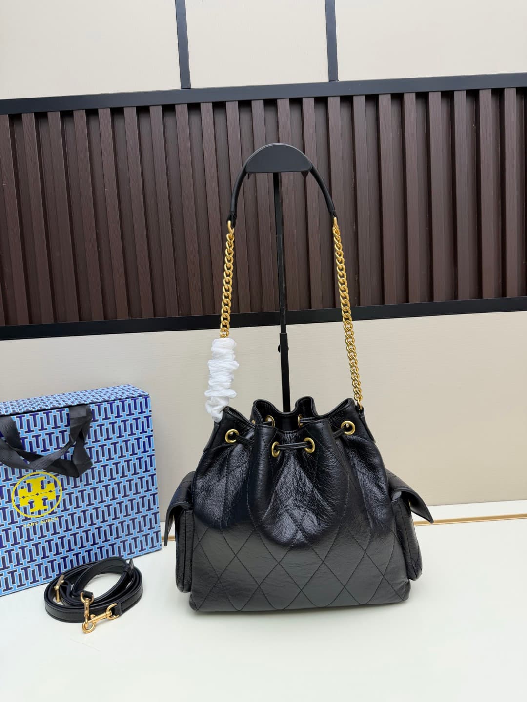 Tory Burch Charlie Quilted Drawstring Shoulder Bag Black Leather High