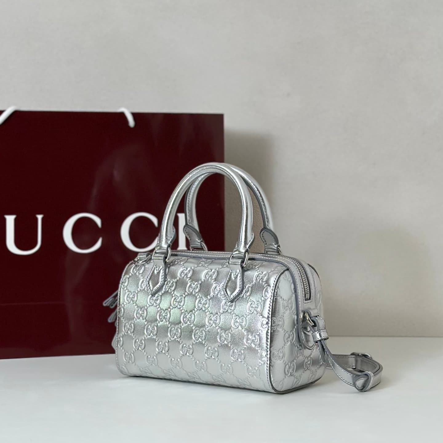 Gucci GG Emblem Small Boston Bag In Silver GG Leather 848889 High