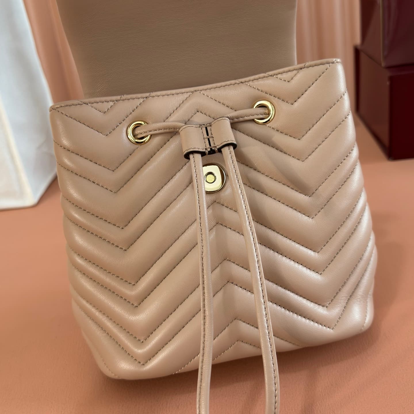 Gucci GG Marmont Mini Backpack Beige Matelassé Chevron Nappa Leather 855921 High
