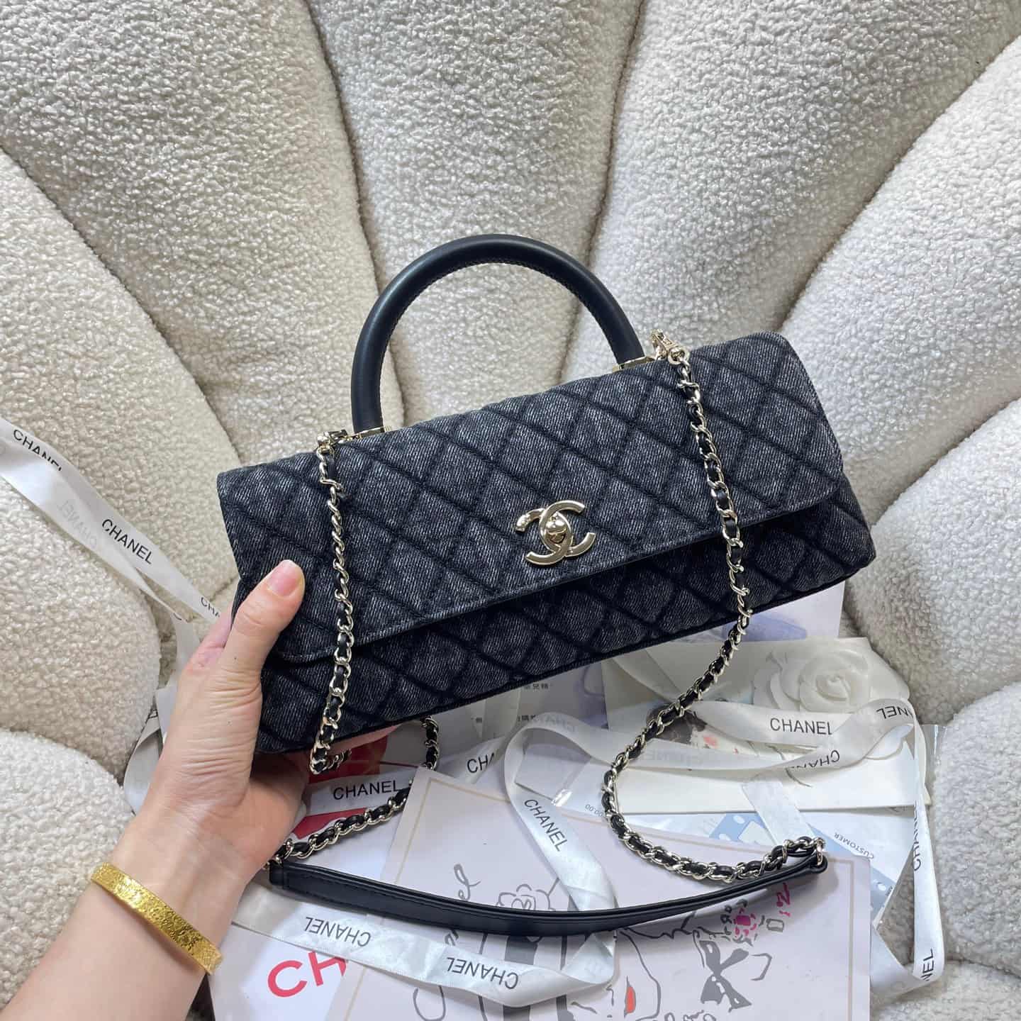Chanel Maxi Flap Bag with Top Handle Washed Denim& Gold-Tone Metal AS6091 Black A