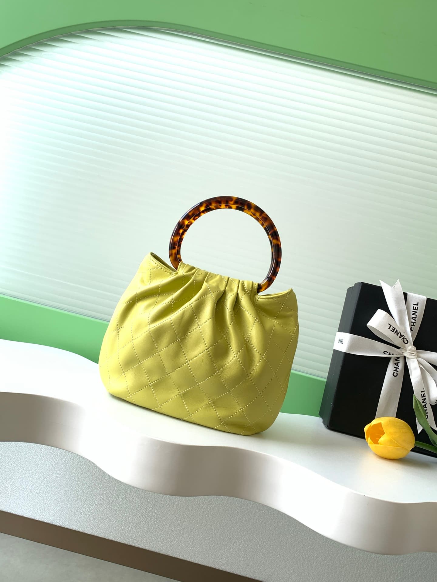 Chanel Small Hobo Bag Lambskin-Shell Effect Plexi & Gold-Tone Metal Yellow AS6022 High