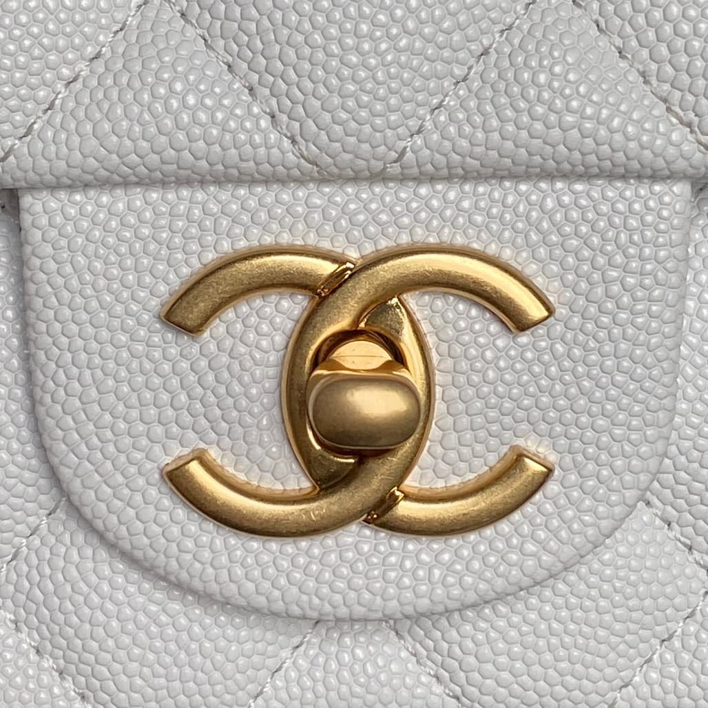 Chanel MIini Flap Bag with Top Handle Grained Shiny Calfskin &  Gold-Tone Metal White AS5702 A