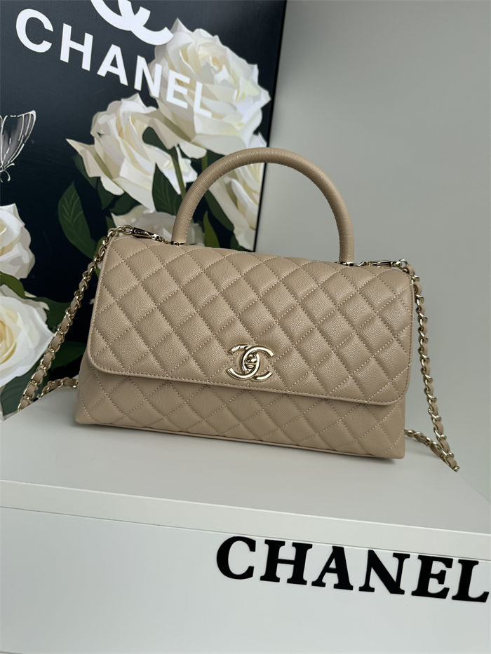 Medium FLAP BAG WITH TOP HANDLE Grained Calfskin Beige-binding Gold Metal High