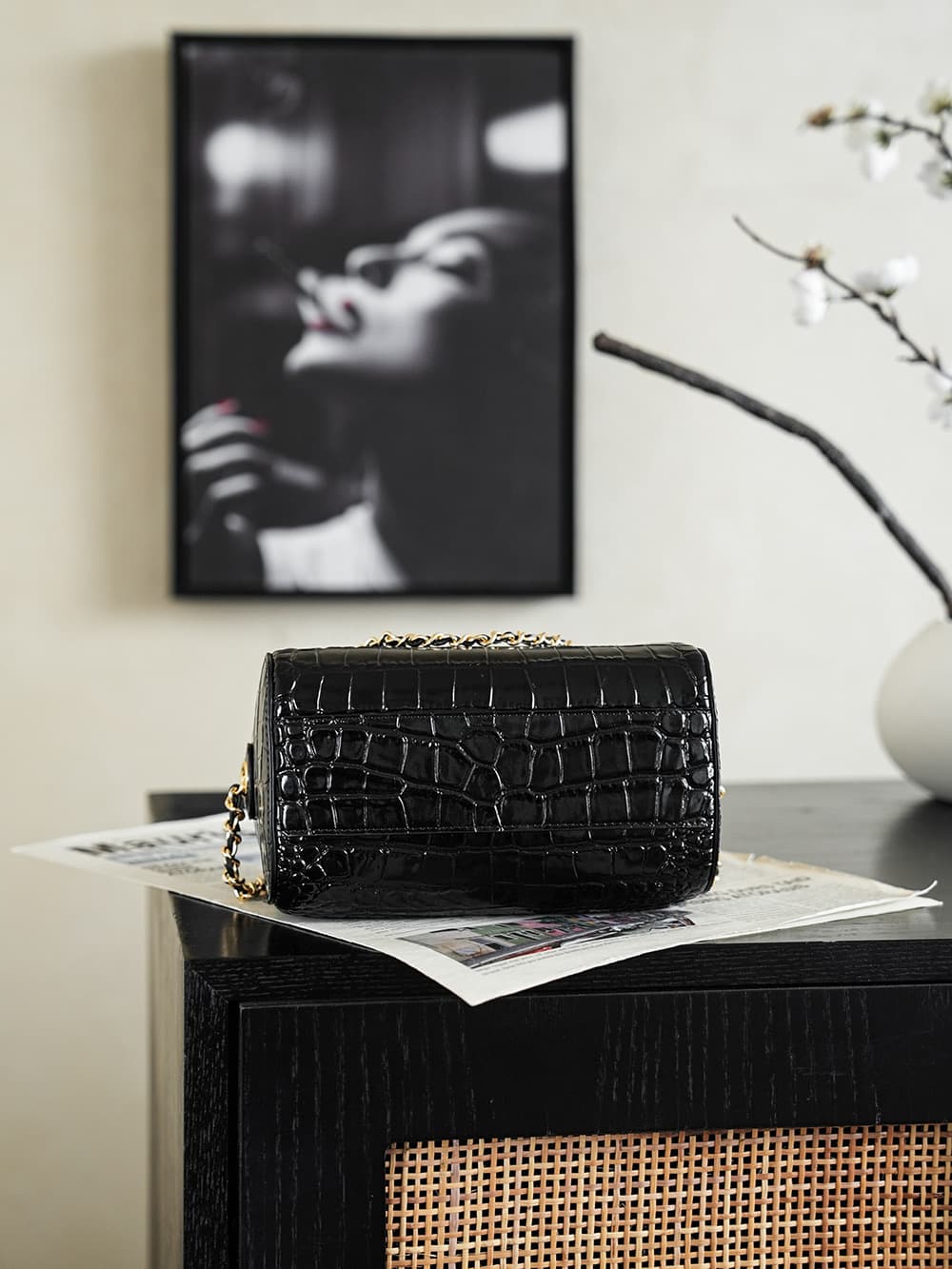 Chanel Mini Timeless Classic Barrel Bag crocodile-embossed calfskin& Gold-Tone Metal Black AP5390 A