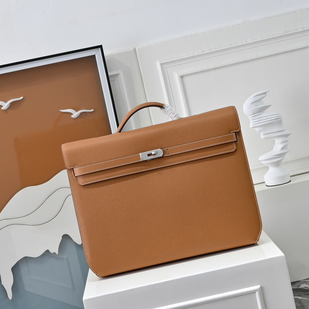 Hermes Kelly depeches Epsom 36 briefcase In Camel Silver Metal CalfskIn WAX High