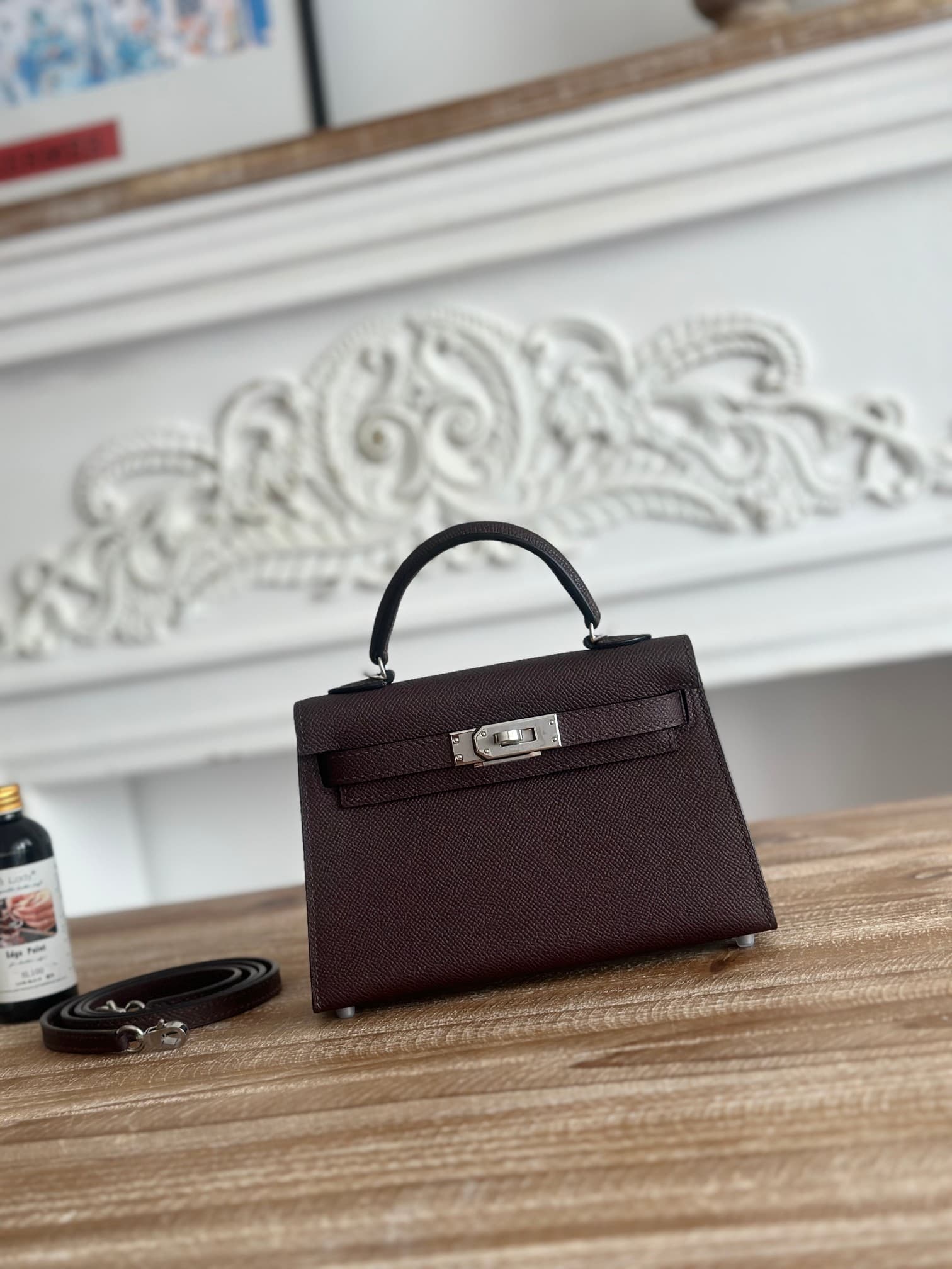 Hermes Kelly Mini II Bag Epsom Leather WAX Silver/Gold Metal Rouge Sellier High