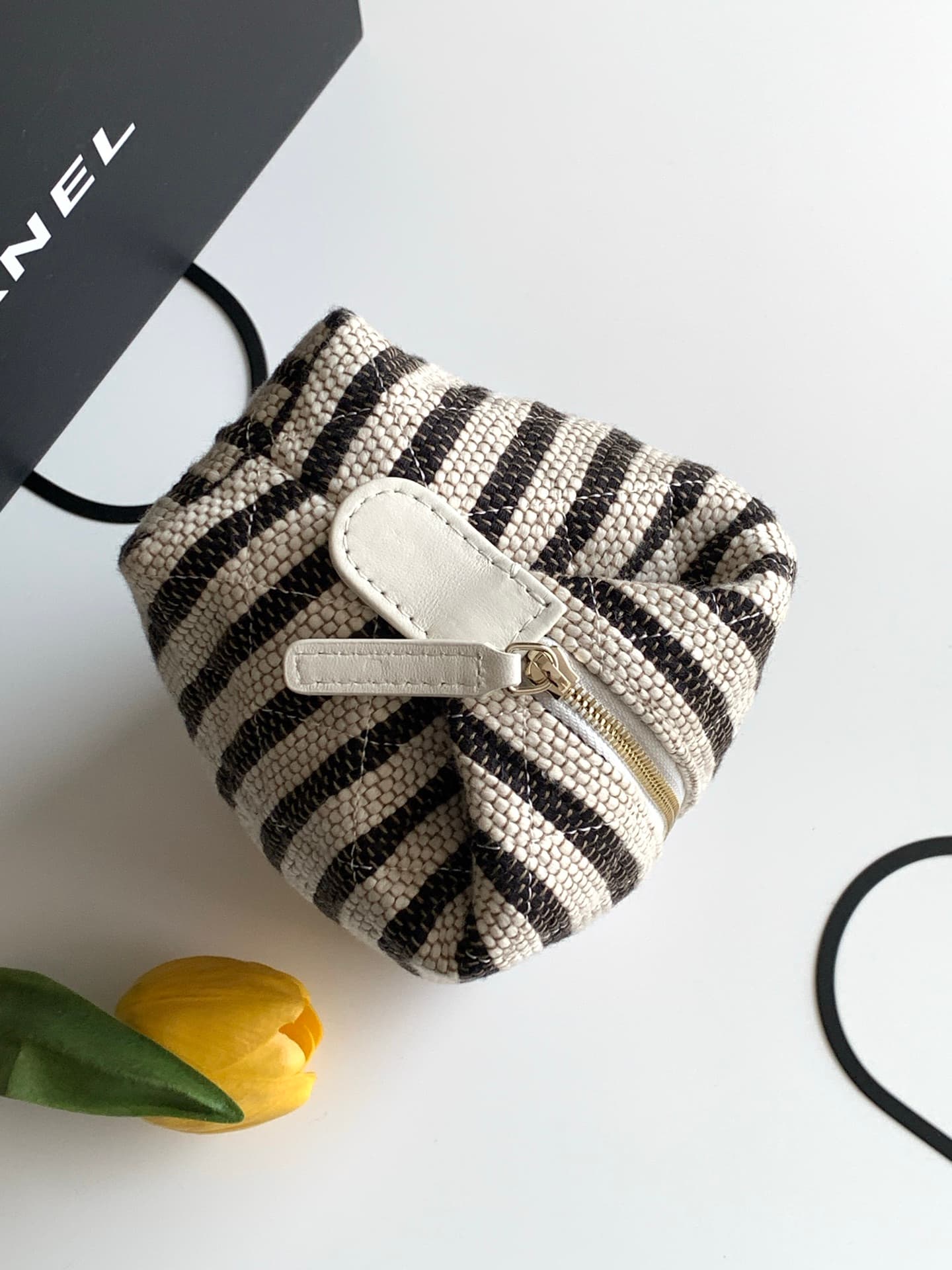 CHANEL Stripe Cosmetic Pouch Bag Printed fabric & Gold-Tone Metal Beige & Light Black AP4990 A