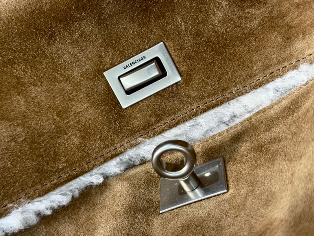 Balenciaga Rodeo Large Bag in Noce Suede Calfskin and White Fleece With Silver-Tone Metal TOP