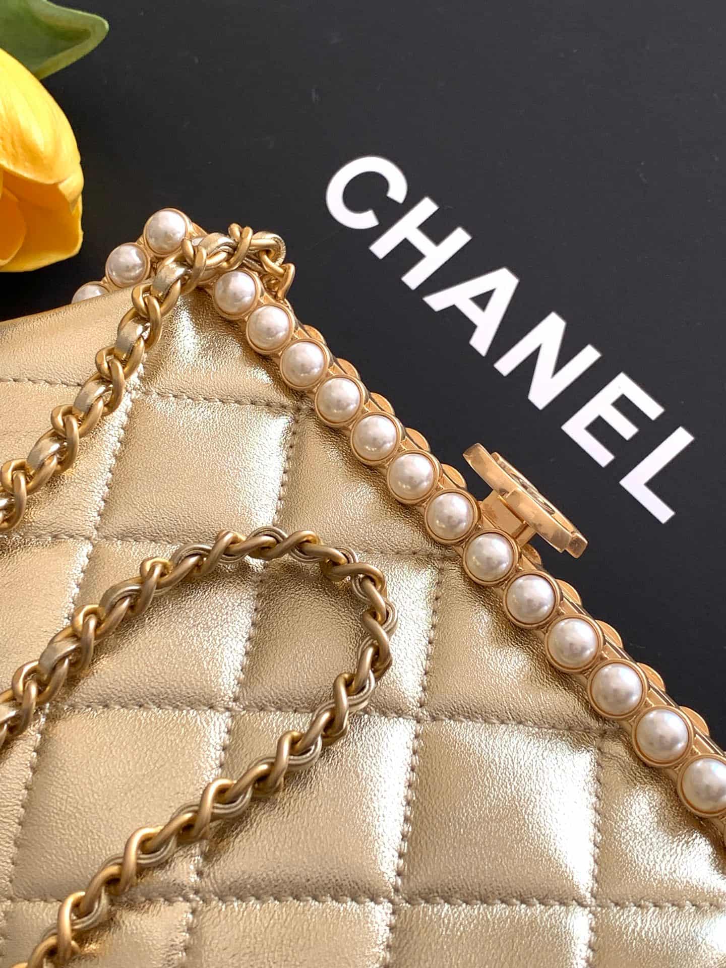 Chanel Pearly Lambskin Imitation Pearls & Gold-Tone Metal Champagne Gold AS5912 A