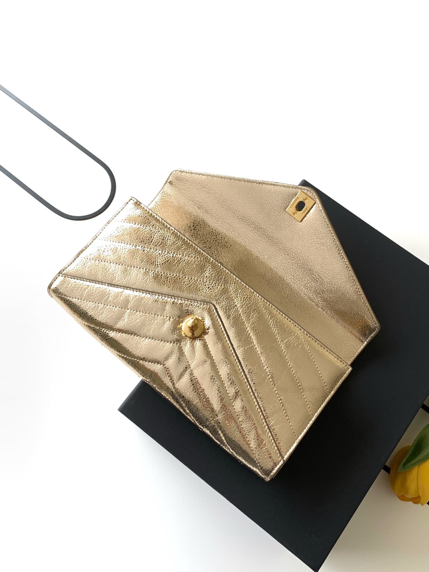 Chanel Flap Bag with Top Handle Metallic Chevron Calfskin Leather Finish& Gold-Tone Metal Champagne Gold AS6044 A