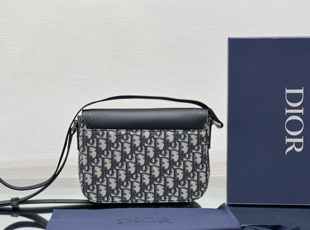 Small Saddle Messenger Bag with Flap Grained Calfskin and Oblique Blue High