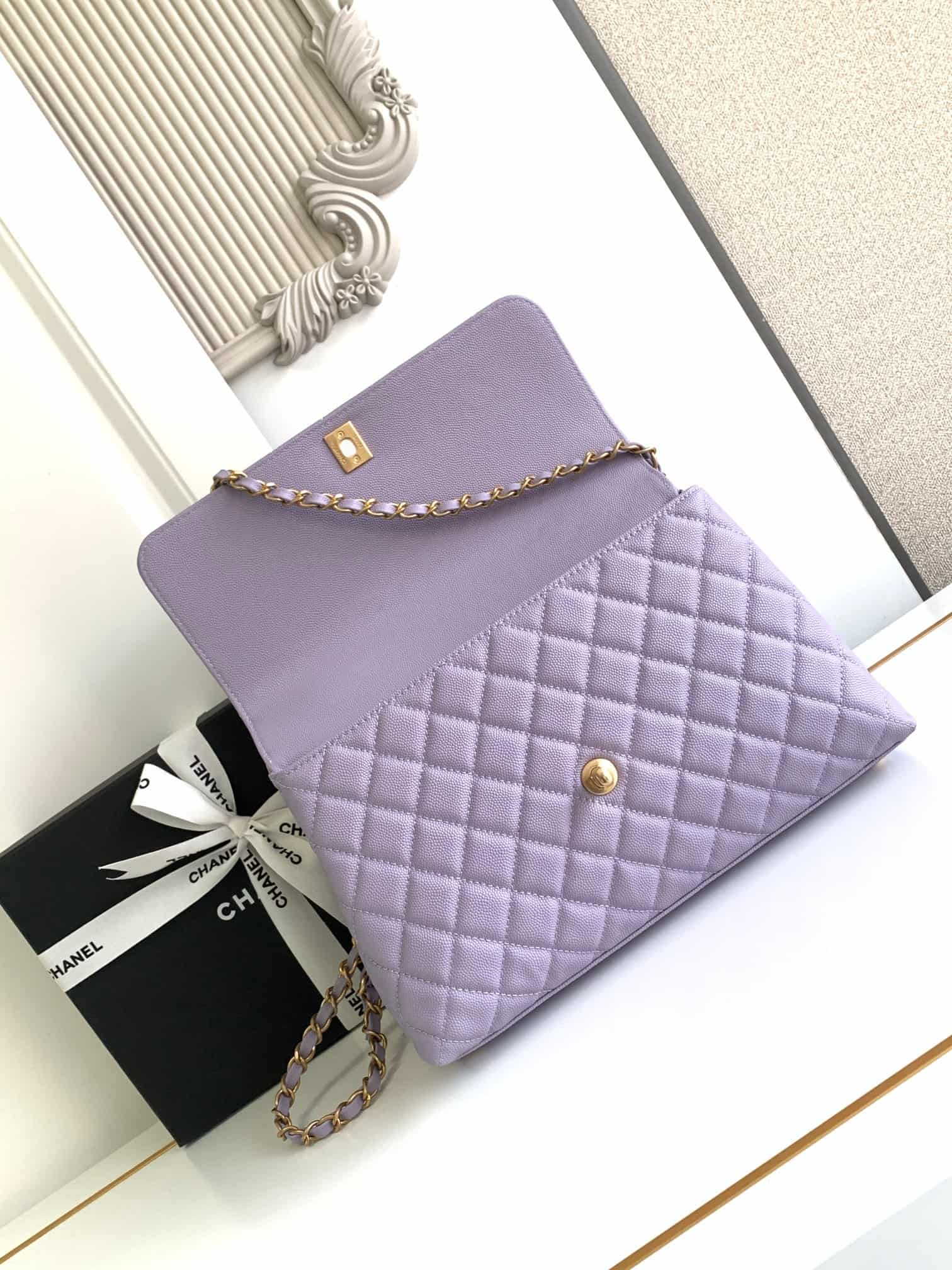 Medium FLAP BAG WITH TOP HANDLE Grained Calfskin A92991 Purple-binding Gold Metal A