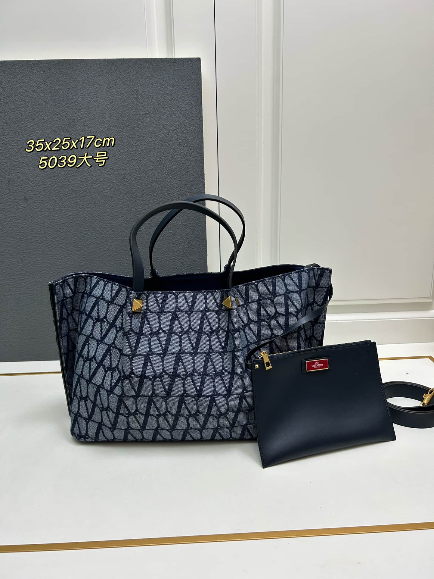 Valentino Garavani VLogo Signature Toile Iconographe Tote Bag Navy Blue Mid