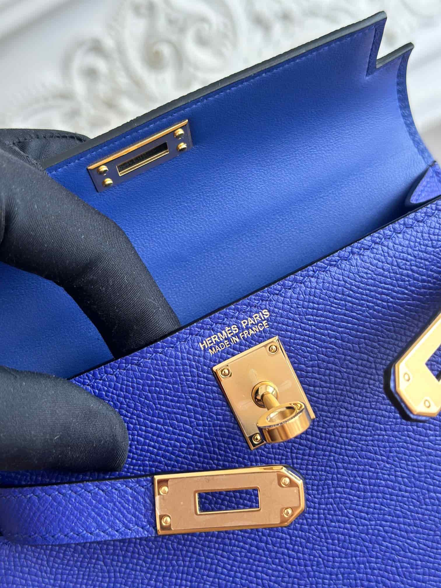 Hermes Kelly Mini II Bag Epsom Leather WAX Silver/Gold Metal Bleu Electric High